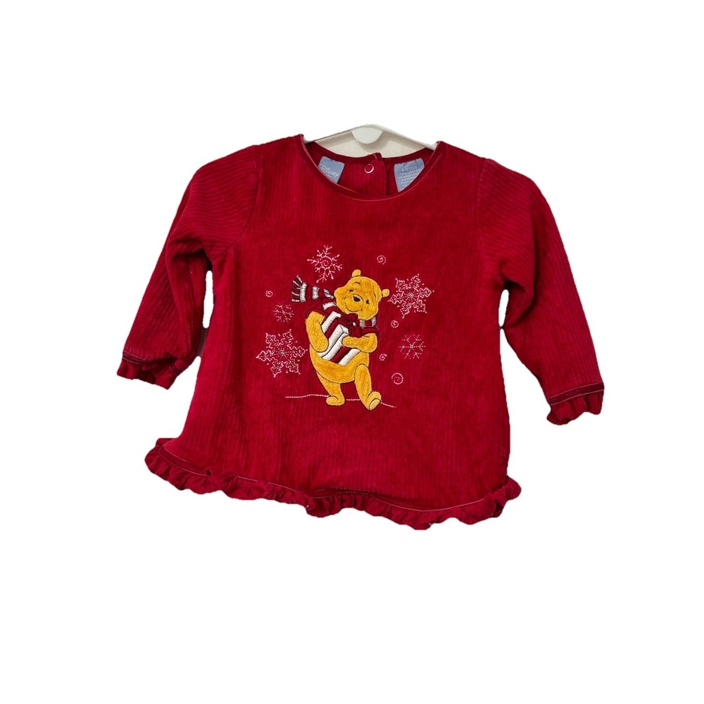 VTG Disney Winnie the Pooh Red Corduroy Infant Ruffle Top 6-9M Holiday